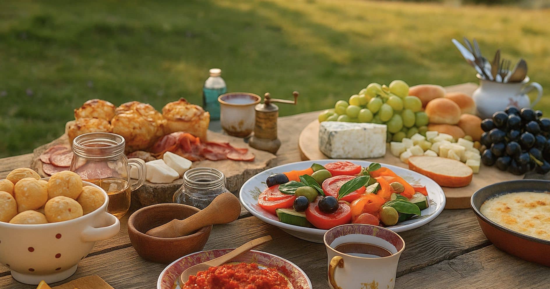 Tisch gedeckt mit Gerichten aus mediterraner Ernährung 